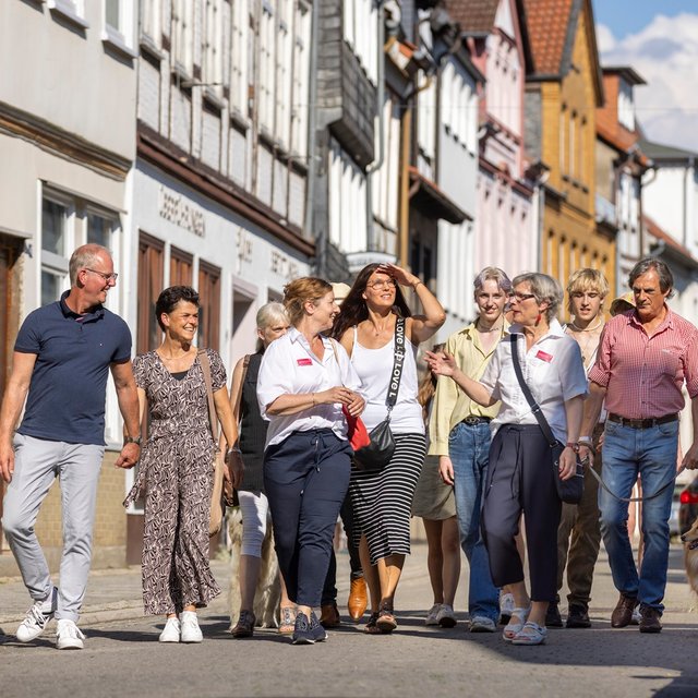 Das Bild zeigt eine Gruppe Menschen, die eine Stadtführung in Peine machen, und sich gerade am Damm befinden. 