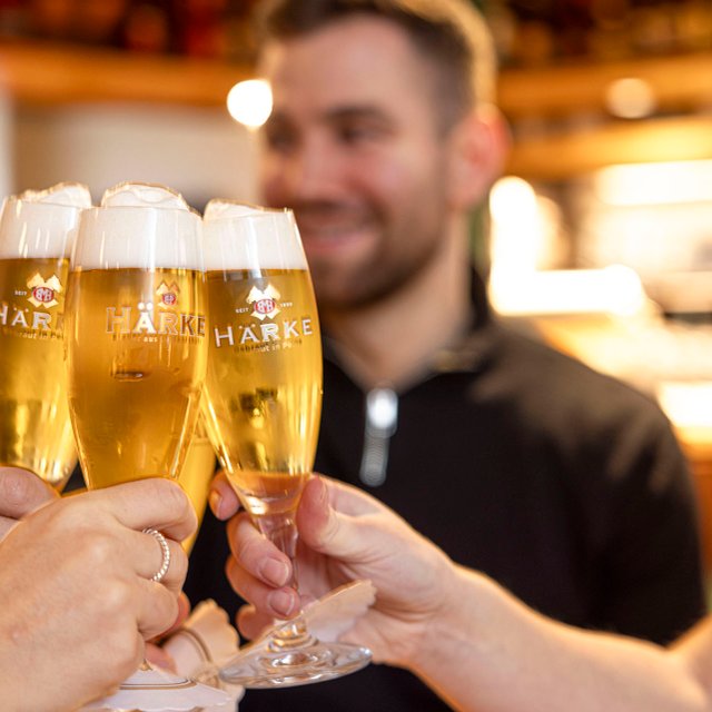 Auf diesem Bild halten junge Menschen ein Glas Bier in der Hand und st0ßen an. 